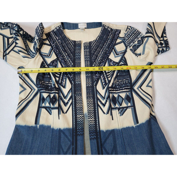 Chico's 1 Womens medium Denim Jacket Lightweight Open Front Blue Printed Sequins - Picture 6 of 8